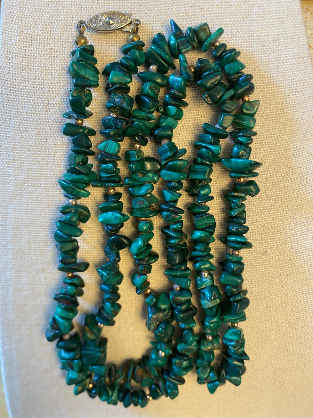 Genuine Malachite Beaded Necklace Gold Tone 32” Long Vintage